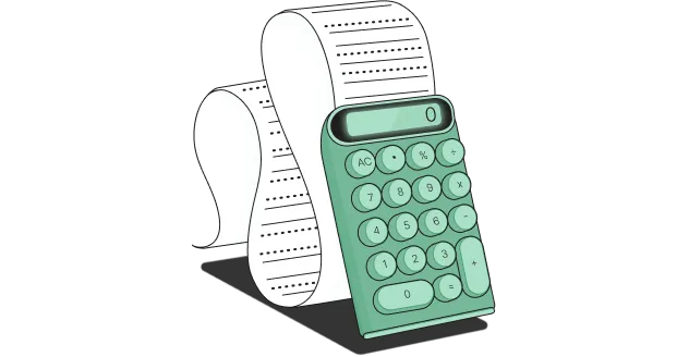 A green calculator next to a roll of paper.